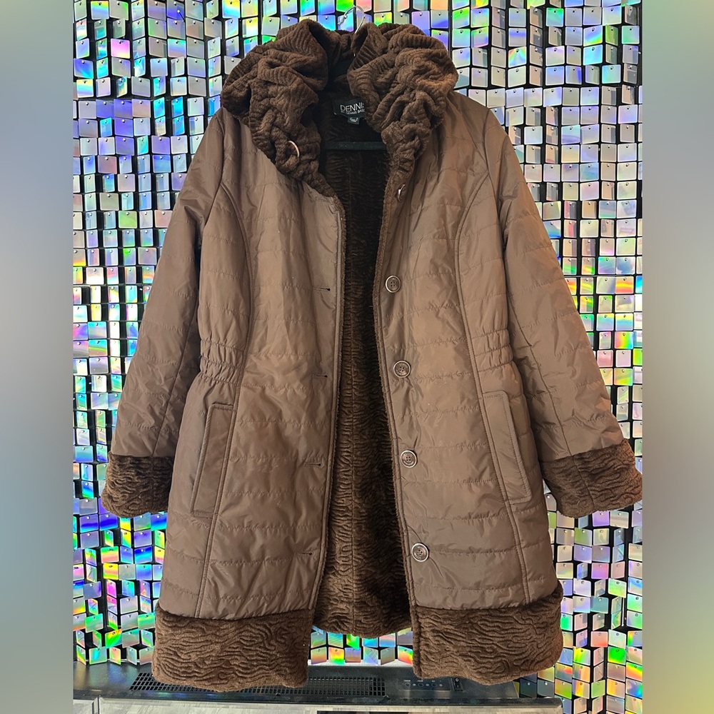 Dennis Basso Quilted Brown Faux Fur Trim Coat Size S